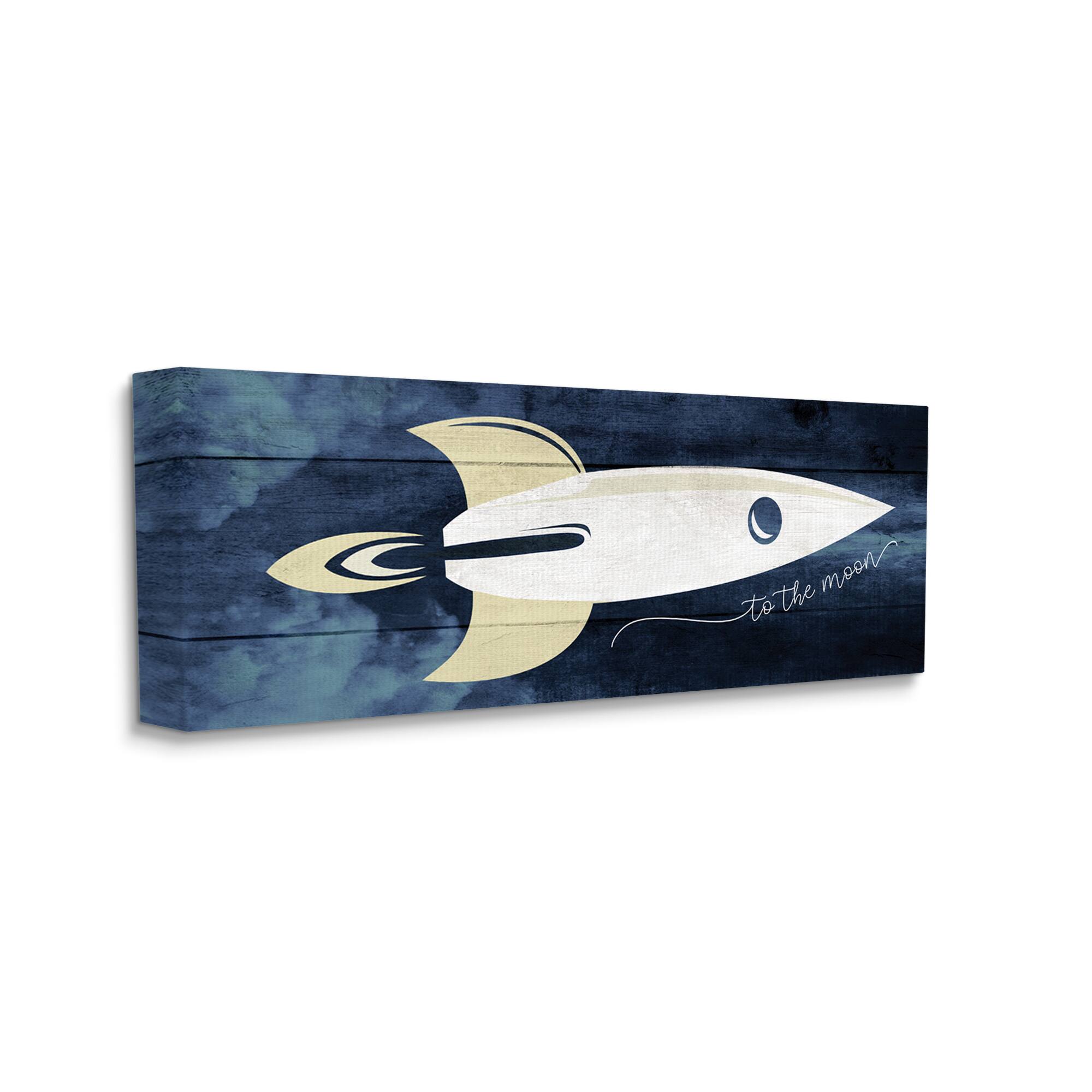 Stupell Industries To The Moon Phrase Rustic Space Ship Blue Canvas Wall Art